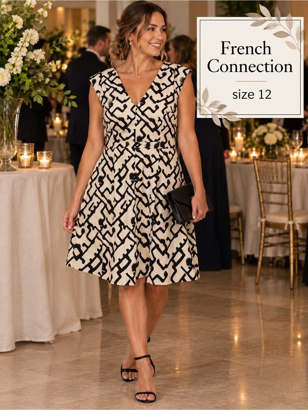 French Connection | Sz 12 Black-and-white abstract fitted dress